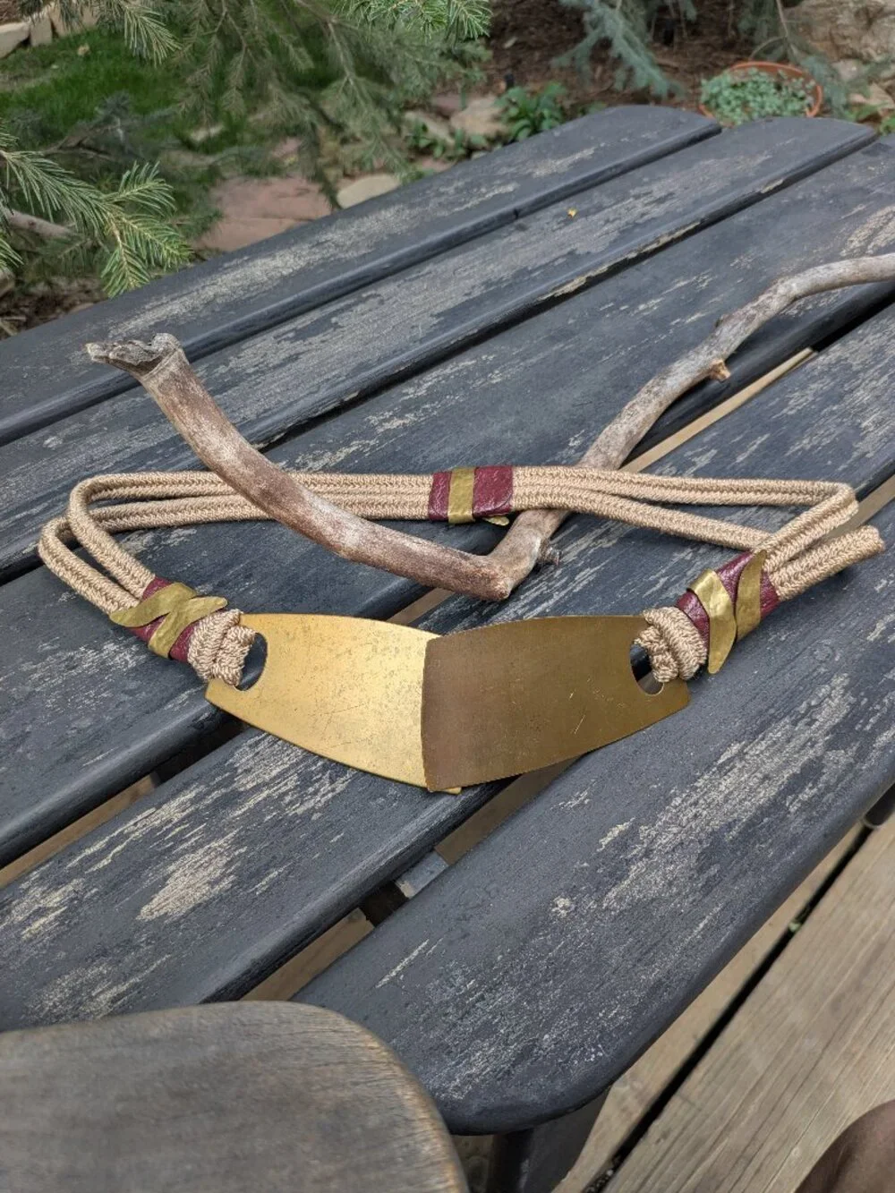 Vintage 70s Brass Rope Stretch Belt Lg Buckle S M Braided Brown Leather Boho .